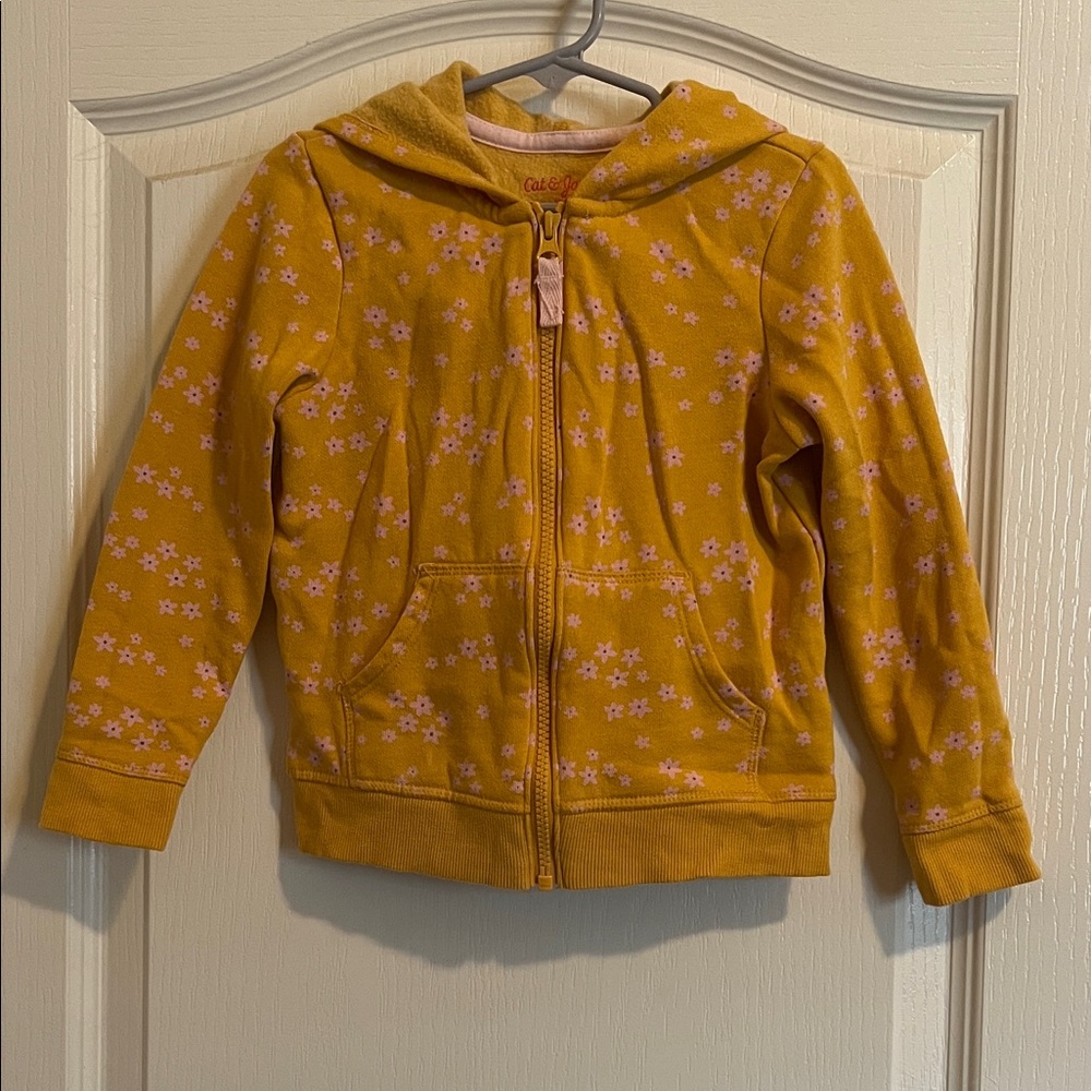Cat & Jack Girls' Yellow Zip Hooded Sweatshirt with Light Pink Flower Print 5T